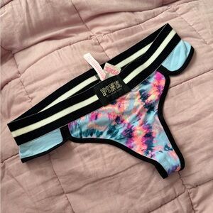 Victoria's Secret Black-Trim Blue Tie-Dye Thong with Striped Waistband